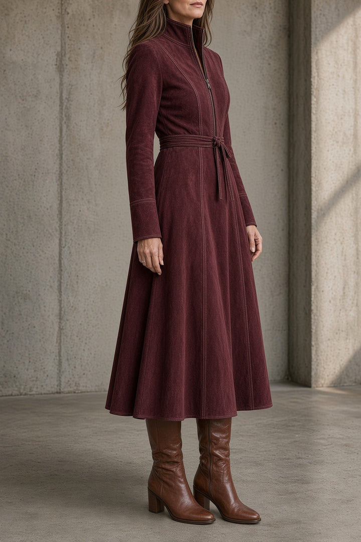 Hollie – Women's Suede-Look Zip Front Midi Dress with Tie Waist