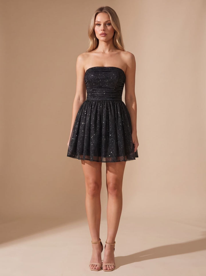 Hollis – Women's Strapless Glitter Mini Dress with Back Bow