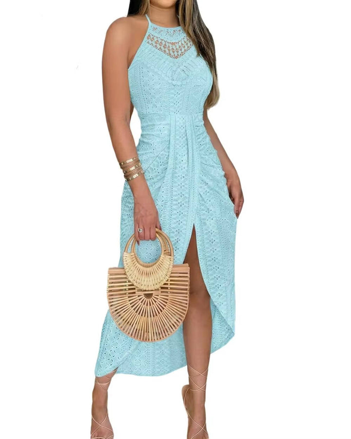 Ramona – Crochet Halter Midi Dress with High Slit