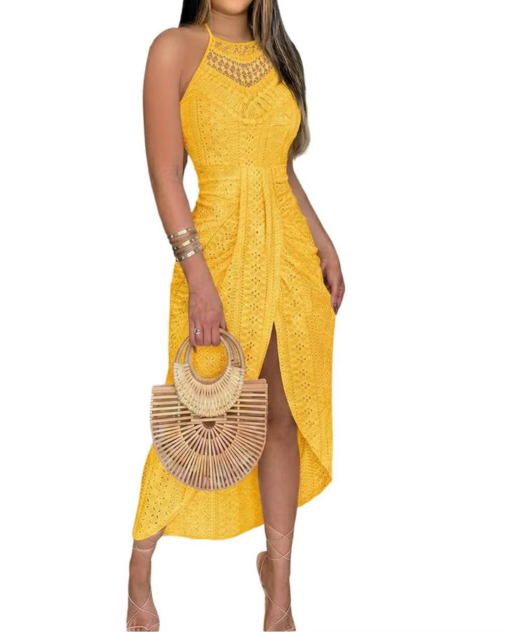 Ramona – Crochet Halter Midi Dress with High Slit