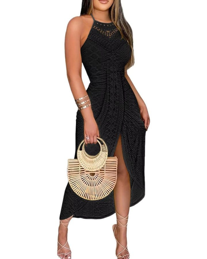 Ramona – Crochet Halter Midi Dress with High Slit