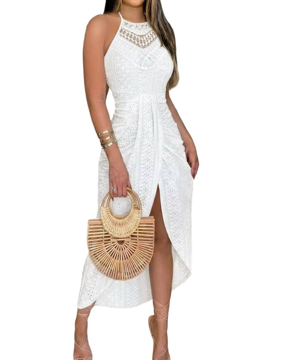 Ramona – Crochet Halter Midi Dress with High Slit