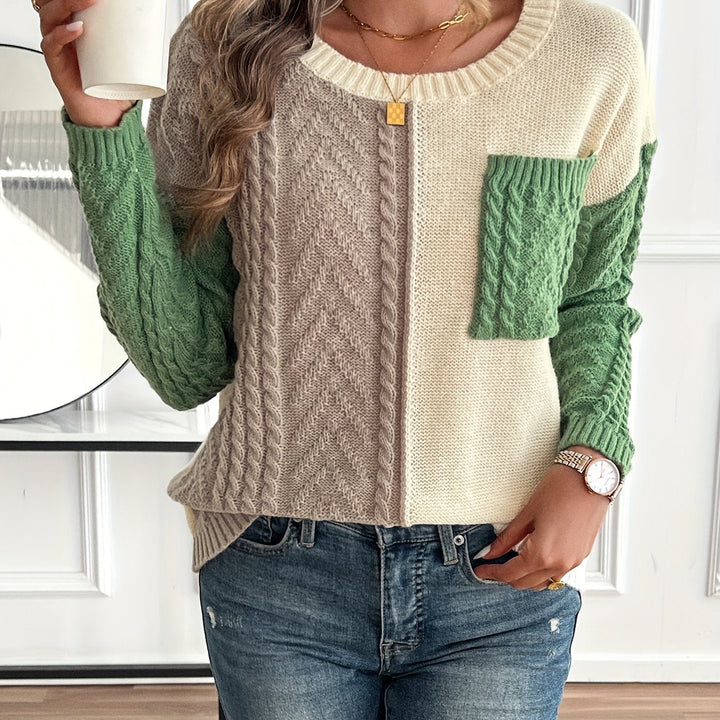 Inara – Women's Cable-Stitch Color Block Crewneck Sweater