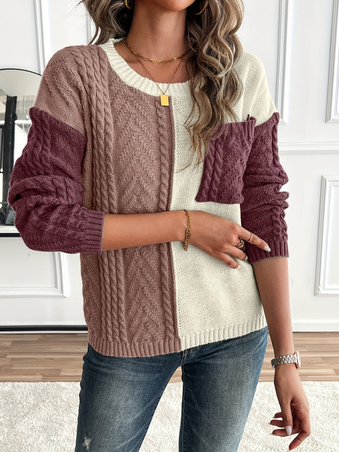 Inara – Women's Cable-Stitch Color Block Crewneck Sweater