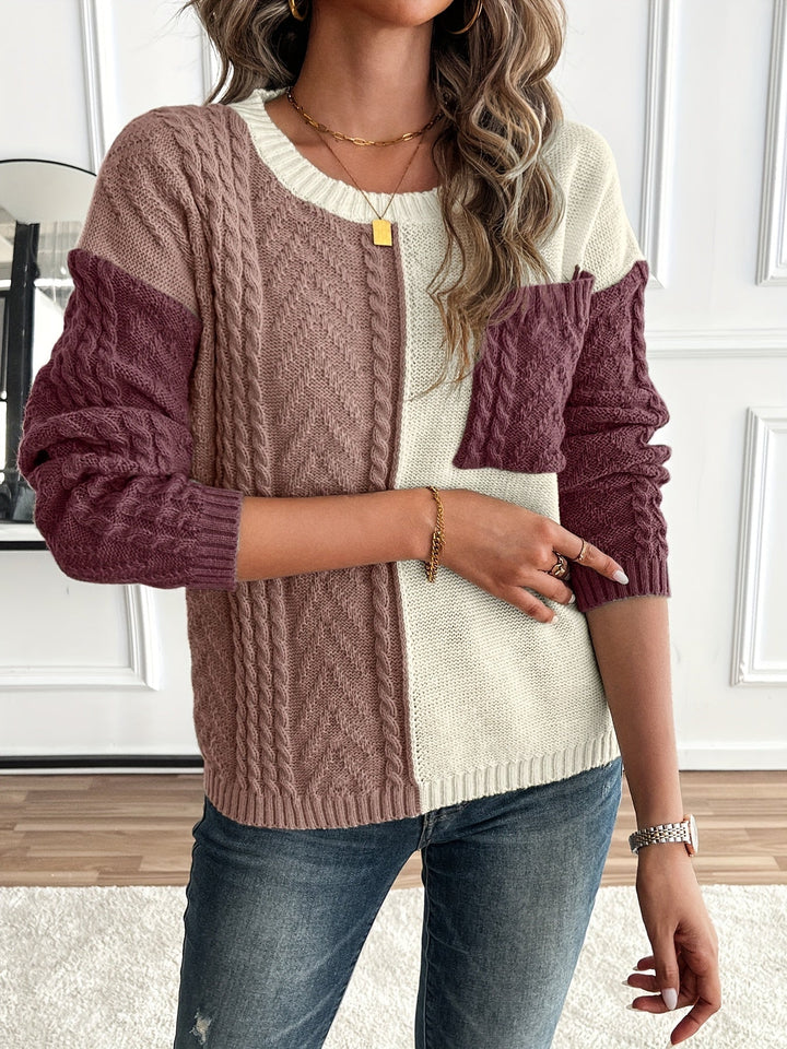 Inara – Women's Cable-Stitch Color Block Crewneck Sweater