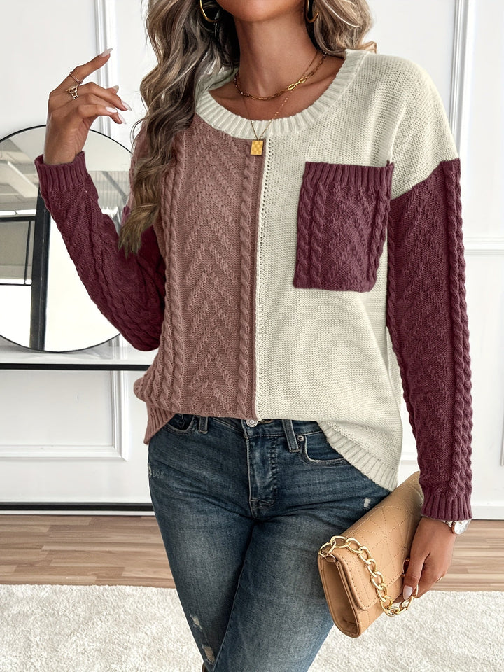 Inara – Women's Cable-Stitch Color Block Crewneck Sweater