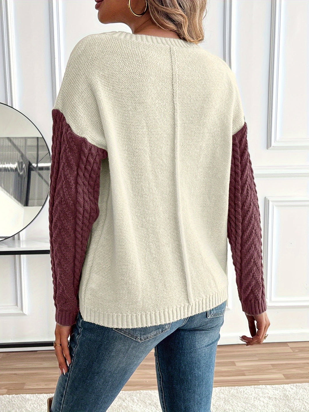 Inara – Women's Cable-Stitch Color Block Crewneck Sweater