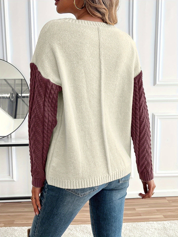 Inara – Women's Cable-Stitch Color Block Crewneck Sweater