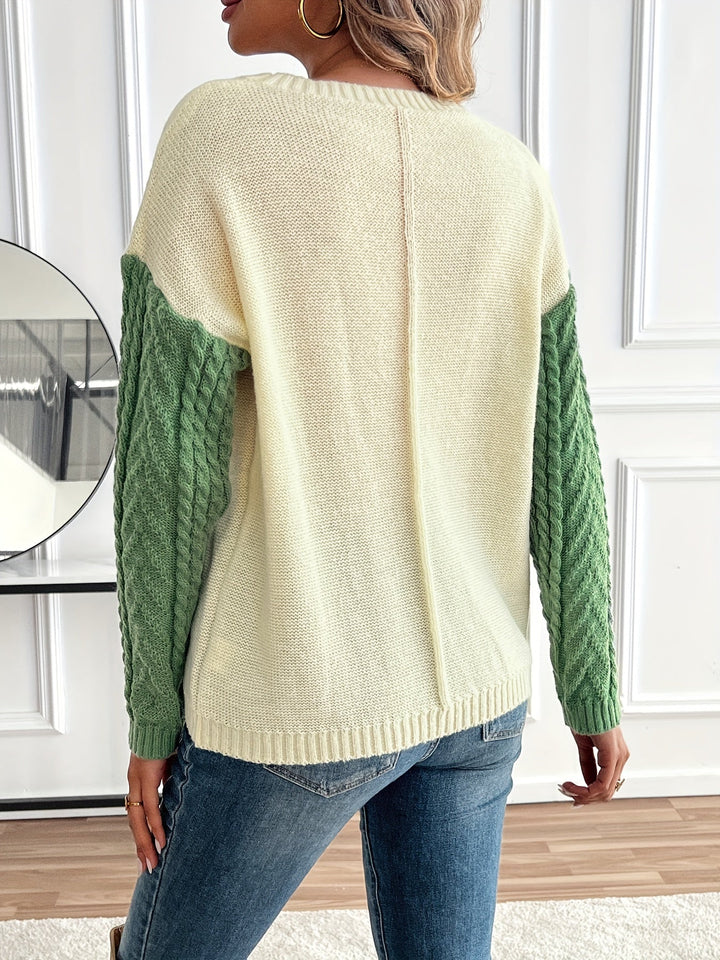 Inara – Women's Cable-Stitch Color Block Crewneck Sweater