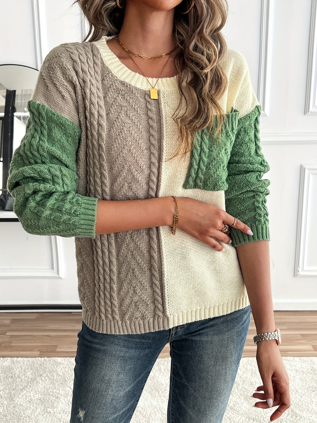 Inara – Women's Cable-Stitch Color Block Crewneck Sweater