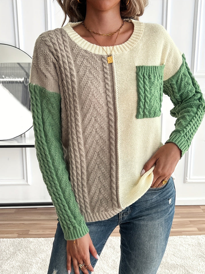 Inara – Women's Cable-Stitch Color Block Crewneck Sweater