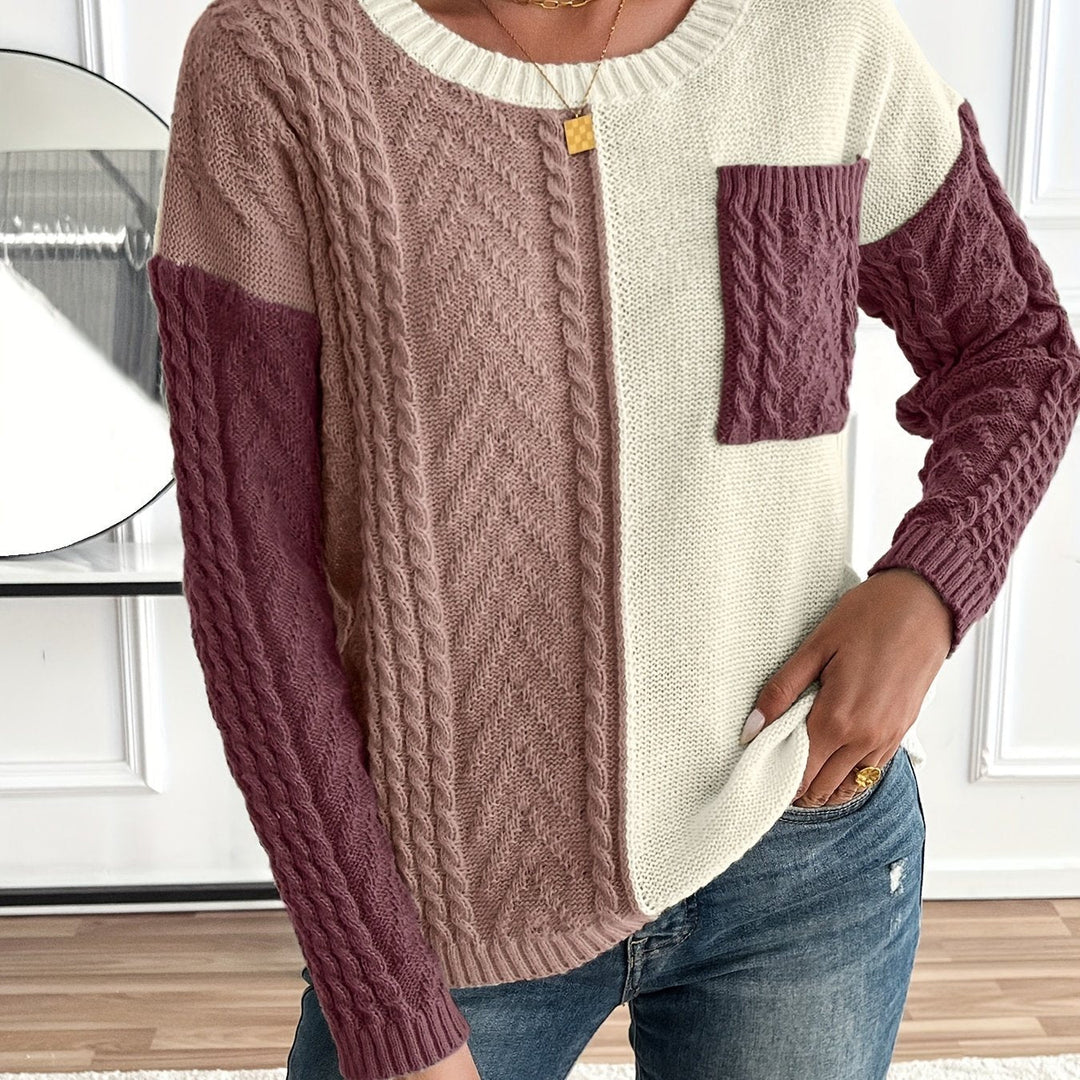 Inara – Women's Cable-Stitch Color Block Crewneck Sweater
