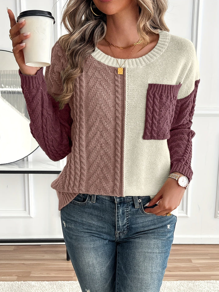 Inara – Women's Cable-Stitch Color Block Crewneck Sweater
