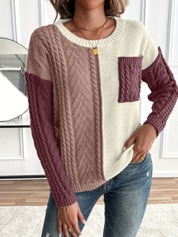 Inara – Women's Cable-Stitch Color Block Crewneck Sweater
