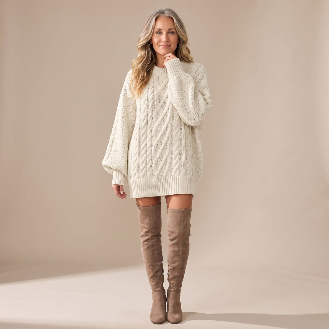 Indira – Women's Oversized Cable-Stitch Sweater Dress with Balloon Sleeves