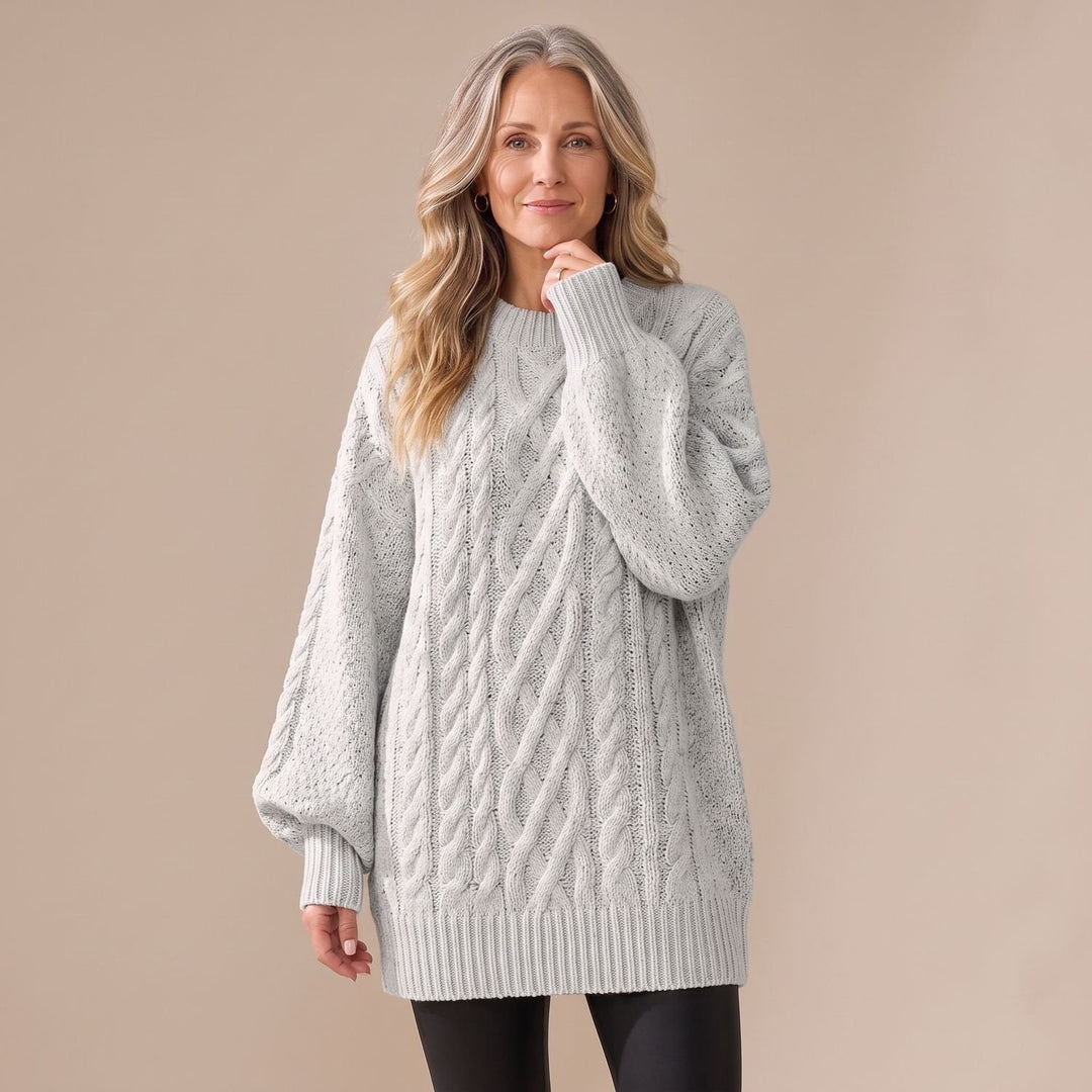 Indira – Women's Oversized Cable-Stitch Sweater Dress with Balloon Sleeves