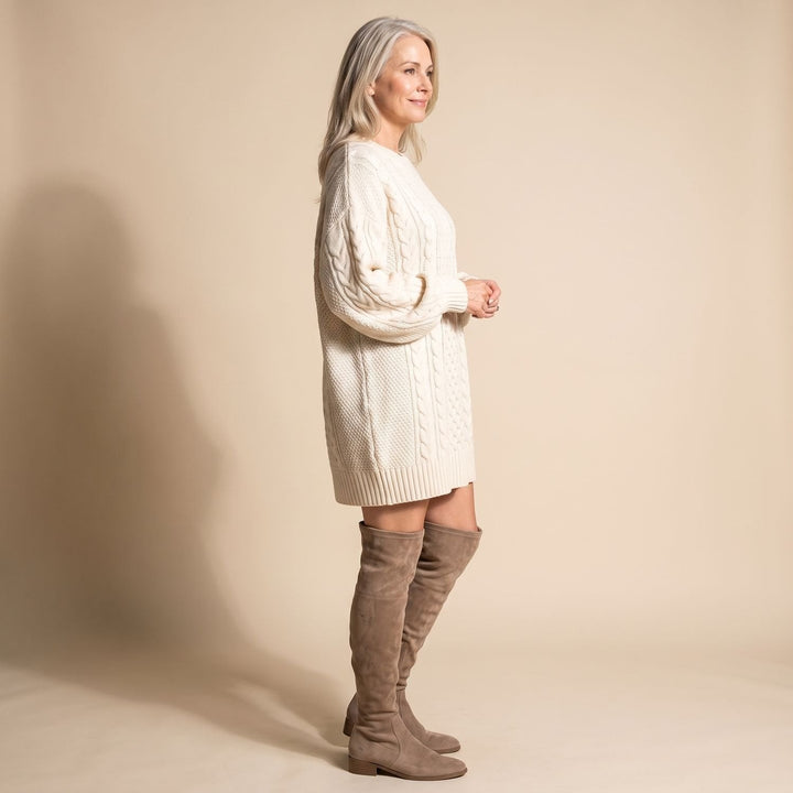 Indira – Women's Oversized Cable-Stitch Sweater Dress with Balloon Sleeves