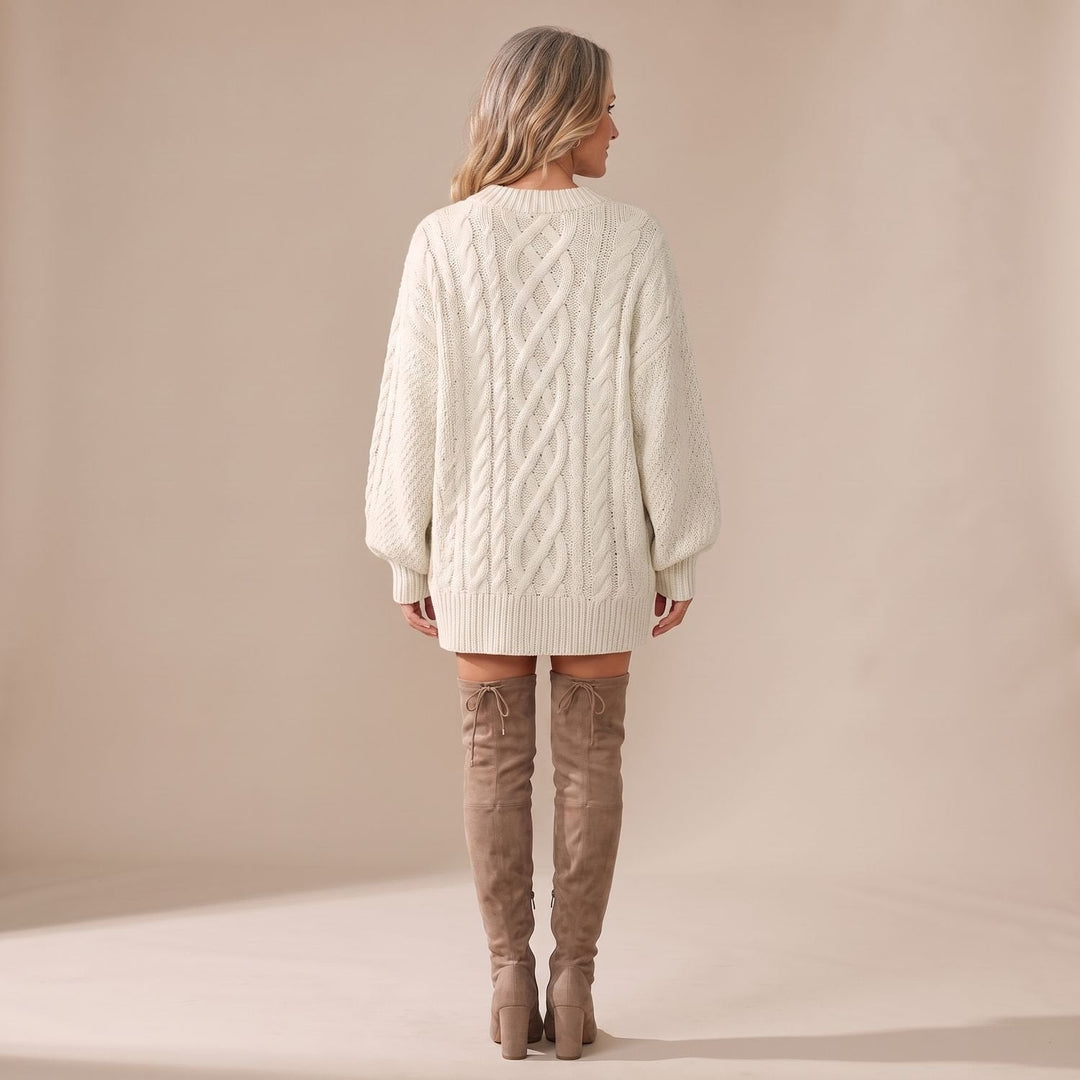 Indira – Women's Oversized Cable-Stitch Sweater Dress with Balloon Sleeves