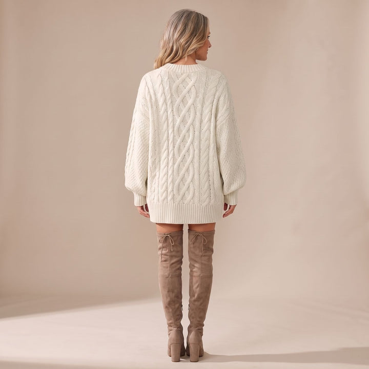 Indira – Women's Oversized Cable-Stitch Sweater Dress with Balloon Sleeves