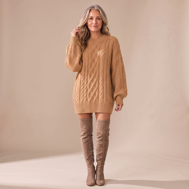Indira – Women's Oversized Cable-Stitch Sweater Dress with Balloon Sleeves