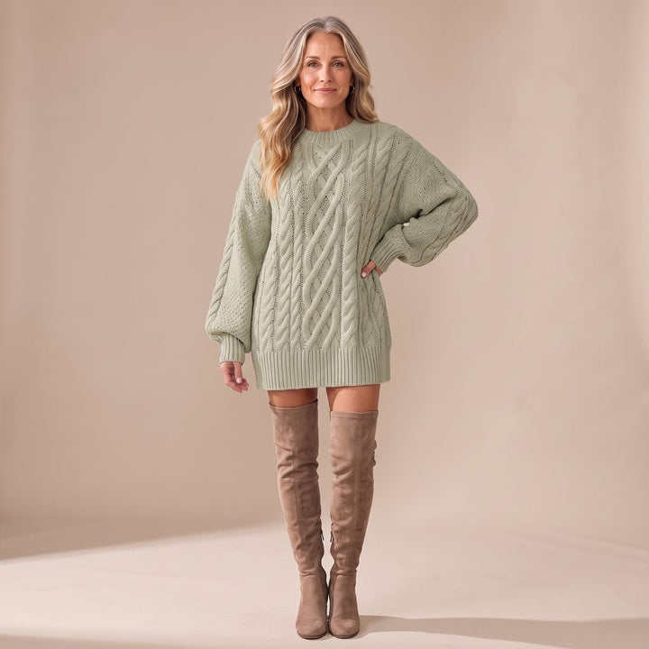 Indira – Women's Oversized Cable-Stitch Sweater Dress with Balloon Sleeves