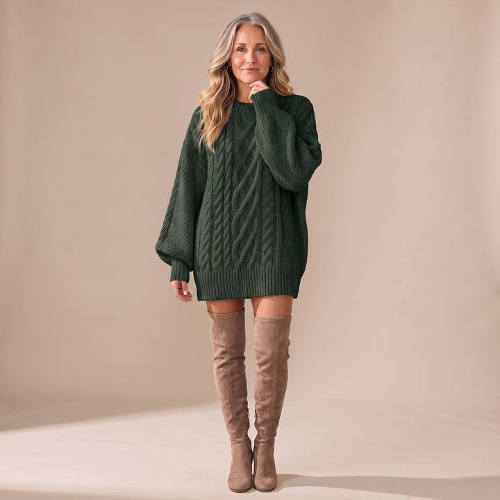 Indira – Women's Oversized Cable-Stitch Sweater Dress with Balloon Sleeves