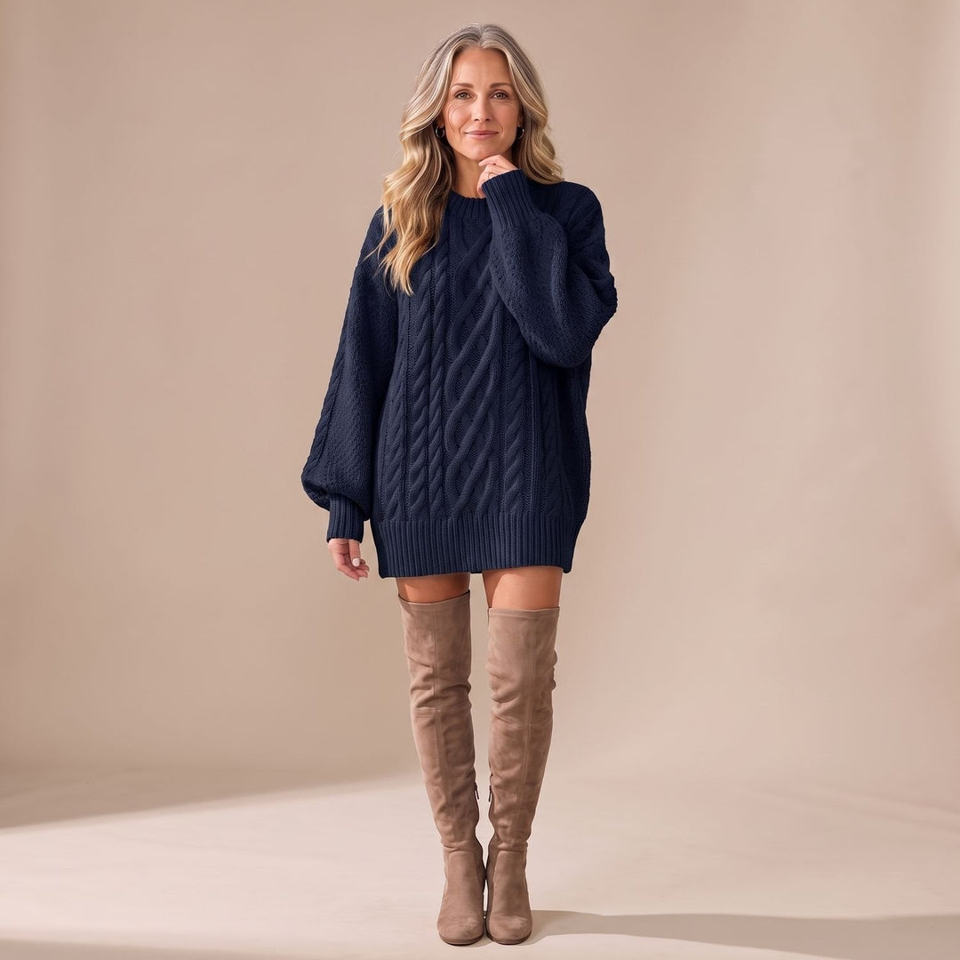 Indira – Women's Oversized Cable-Stitch Sweater Dress with Balloon Sleeves