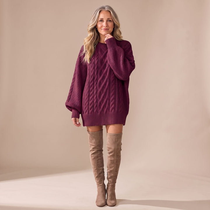 Indira – Women's Oversized Cable-Stitch Sweater Dress with Balloon Sleeves