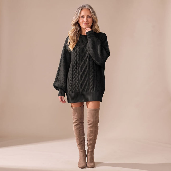 Indira – Women's Oversized Cable-Stitch Sweater Dress with Balloon Sleeves