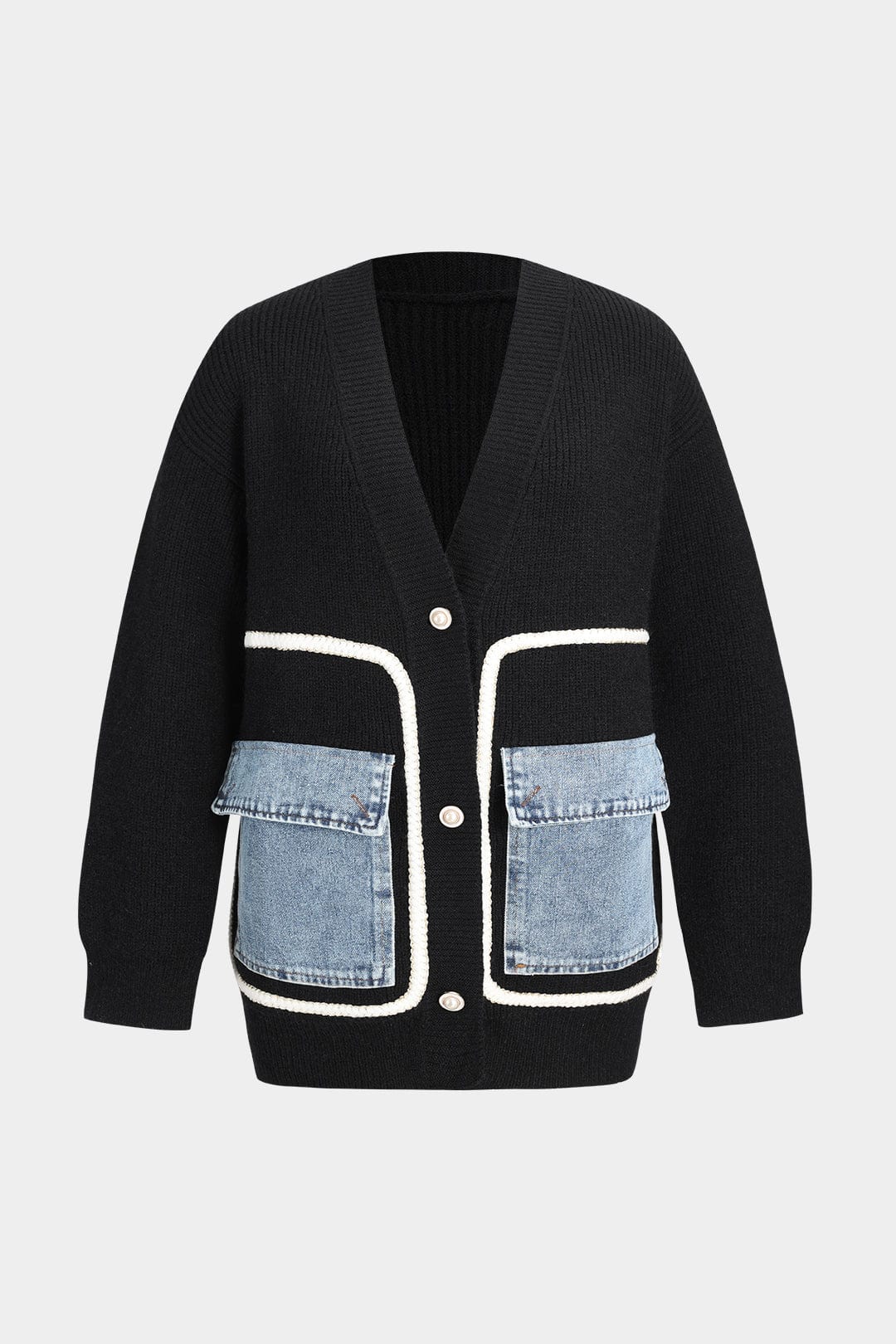 Ines – Women's Oversized Button-Front Cardigan with Denim-Look Pockets