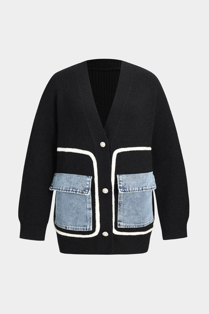 Ines – Women's Oversized Button-Front Cardigan with Denim-Look Pockets
