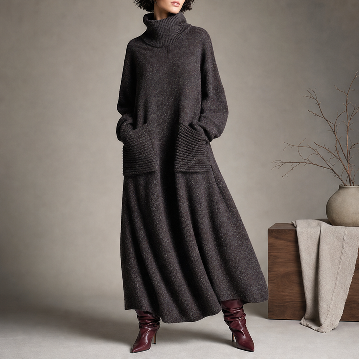 Isabeau – Women's Turtleneck Oversized Maxi Sweater Dress with Pockets