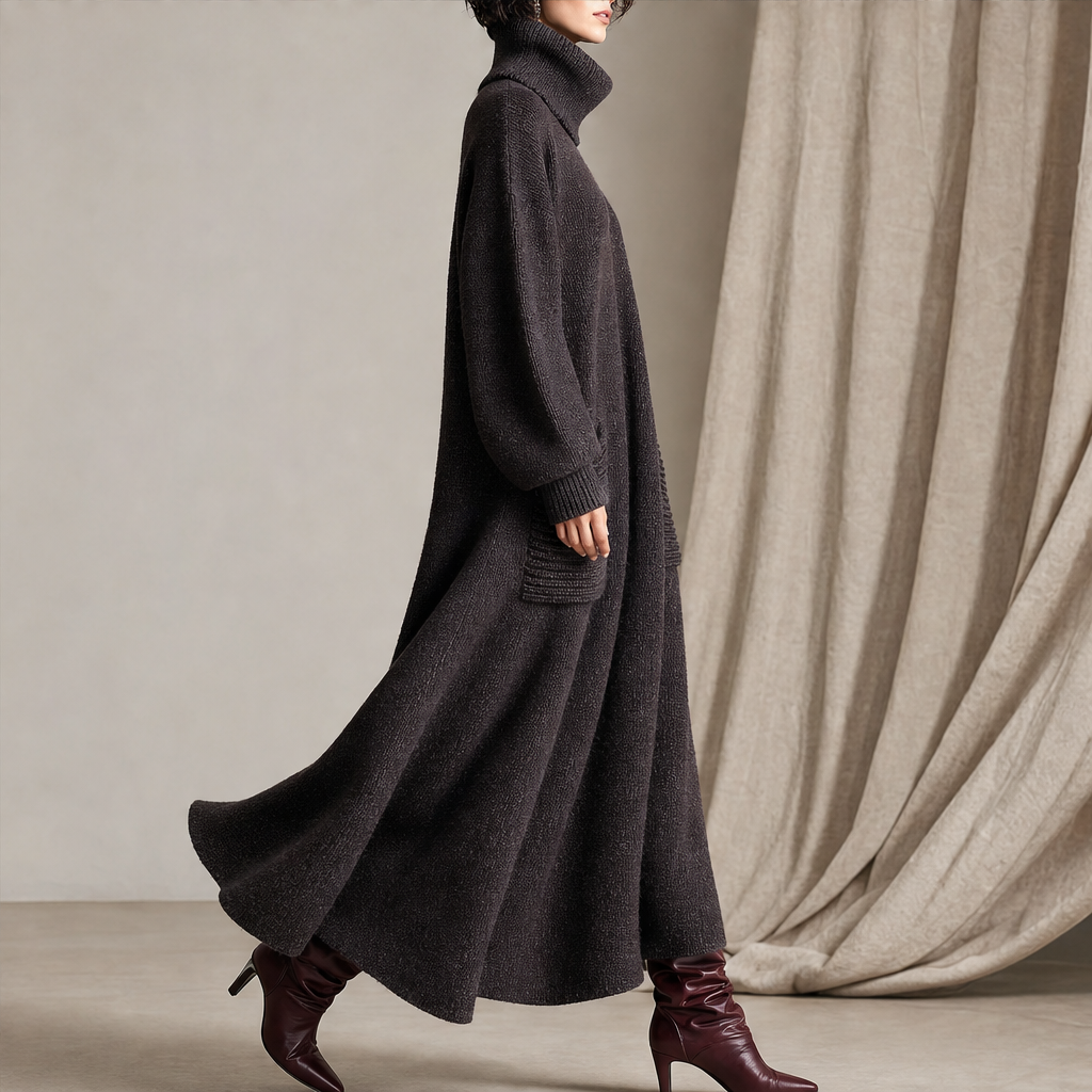 Isabeau – Women's Turtleneck Oversized Maxi Sweater Dress with Pockets