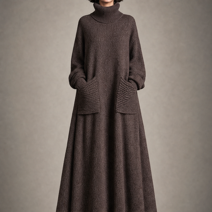 Isabeau – Women's Turtleneck Oversized Maxi Sweater Dress with Pockets