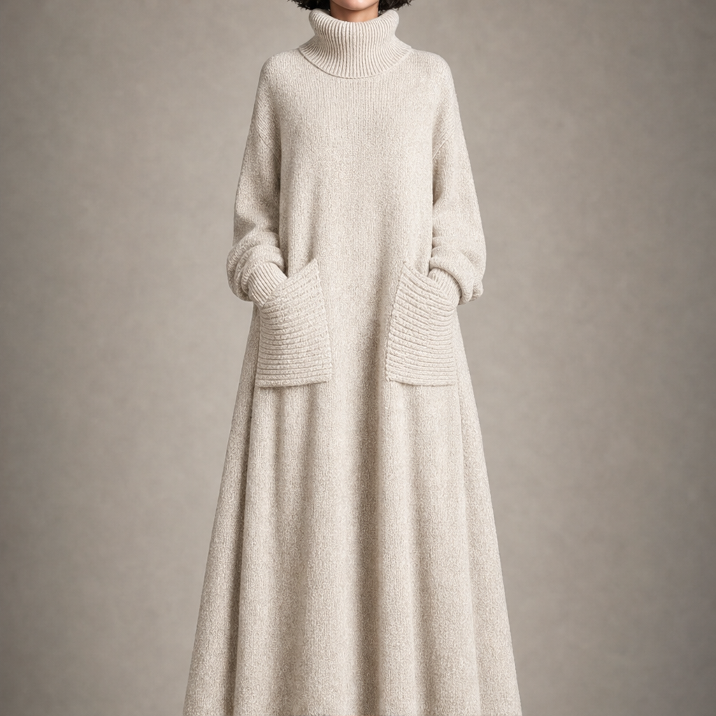 Isabeau – Women's Turtleneck Oversized Maxi Sweater Dress with Pockets
