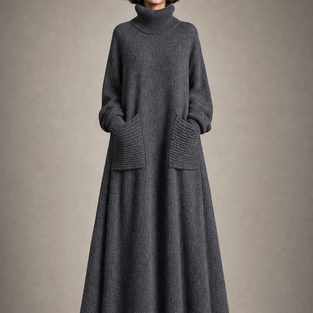 Isabeau – Women's Turtleneck Oversized Maxi Sweater Dress with Pockets