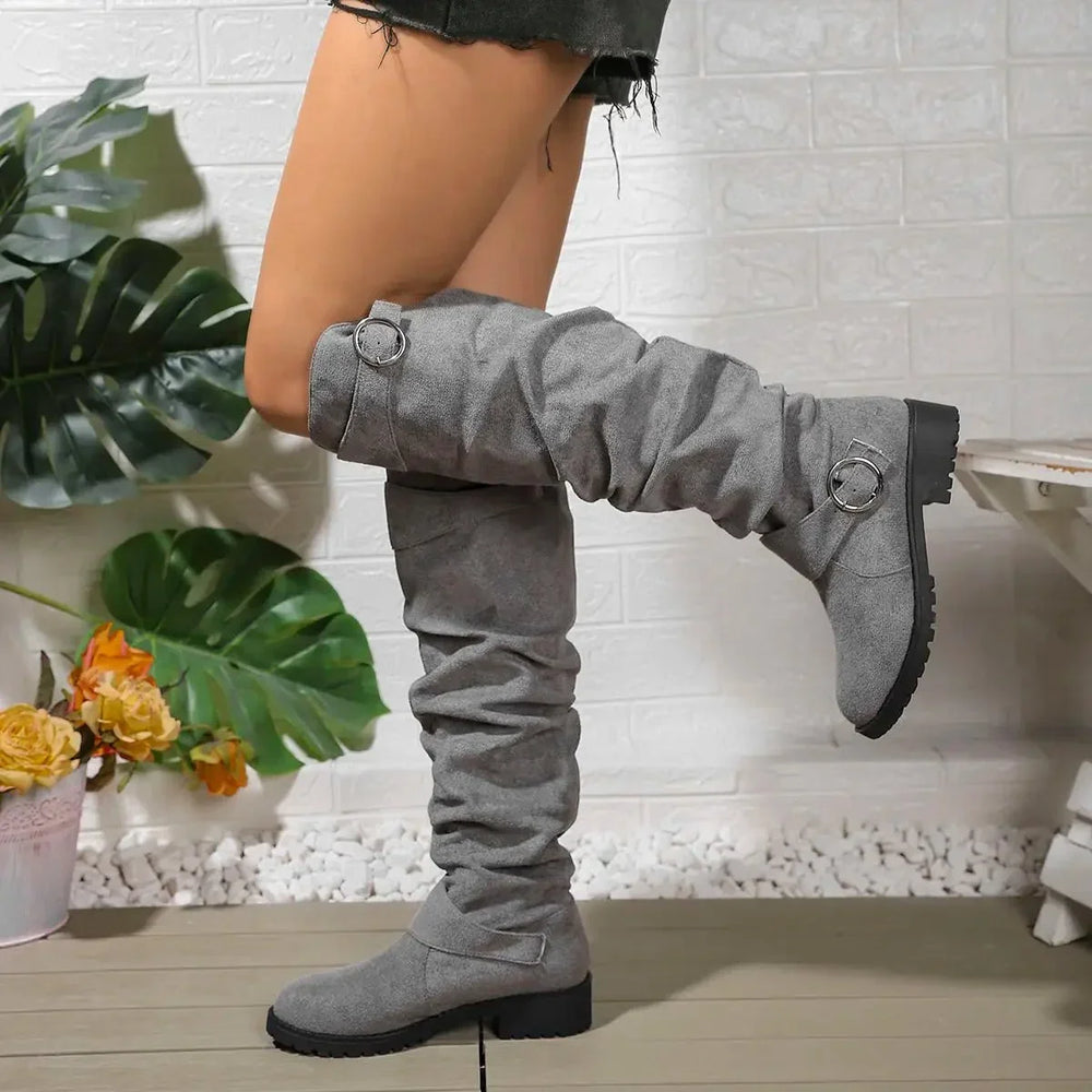 Isabela – Women's Buckle Strap Slouchy Knee-High Boots