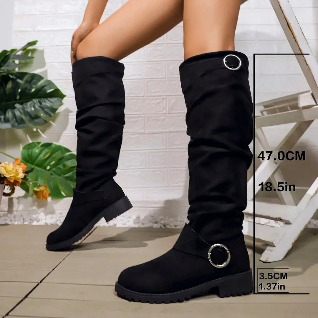 Isabela – Women's Buckle Strap Slouchy Knee-High Boots