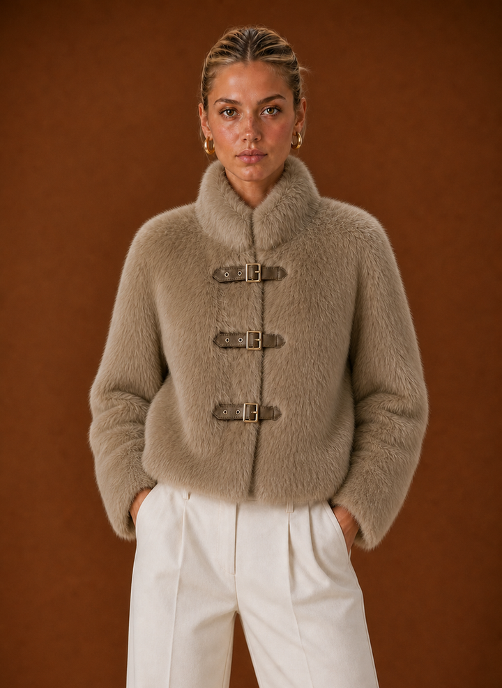 Jillian – Women's Buckle Front High Neck Faux Fur-Look Jacket