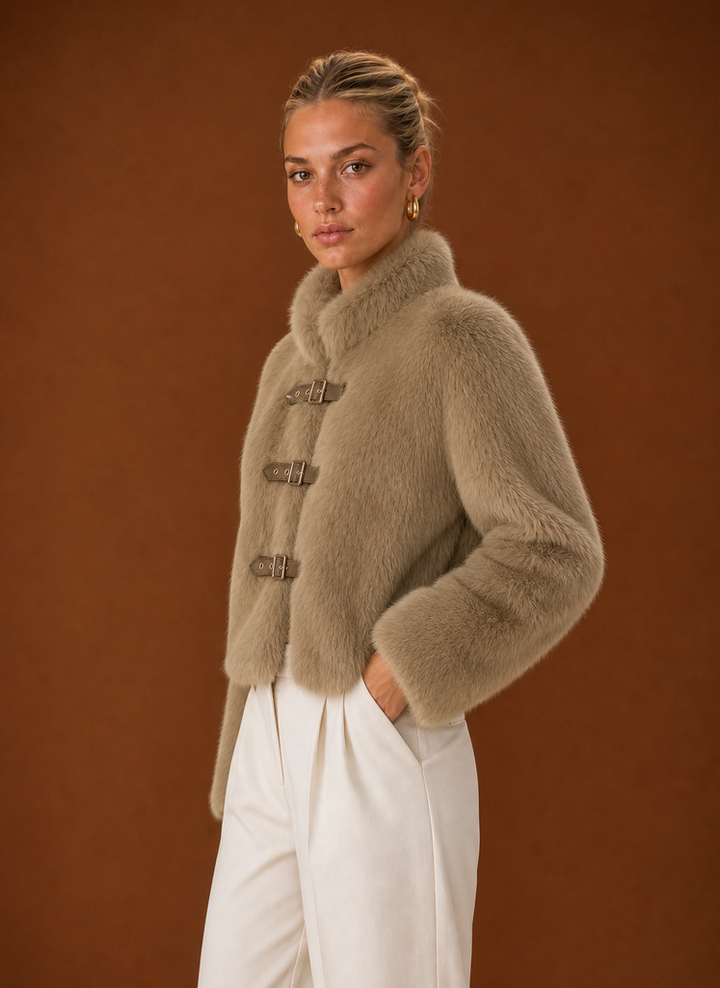 Jillian – Women's Buckle Front High Neck Faux Fur-Look Jacket