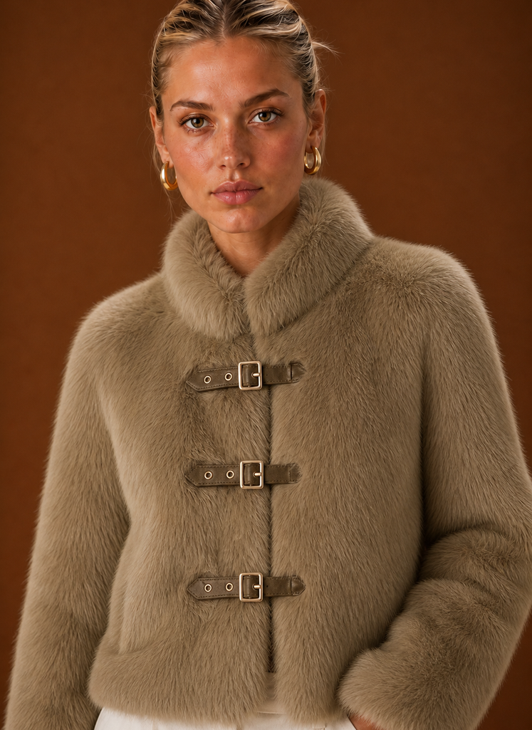 Jillian – Women's Buckle Front High Neck Faux Fur-Look Jacket
