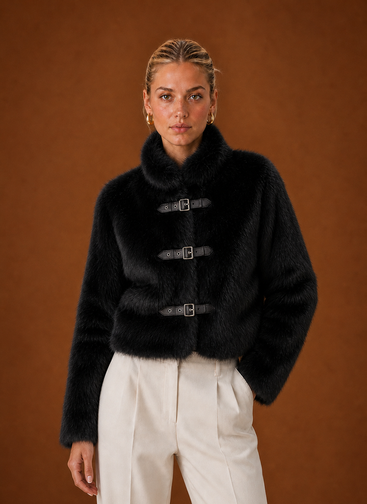 Jillian – Women's Buckle Front High Neck Faux Fur-Look Jacket