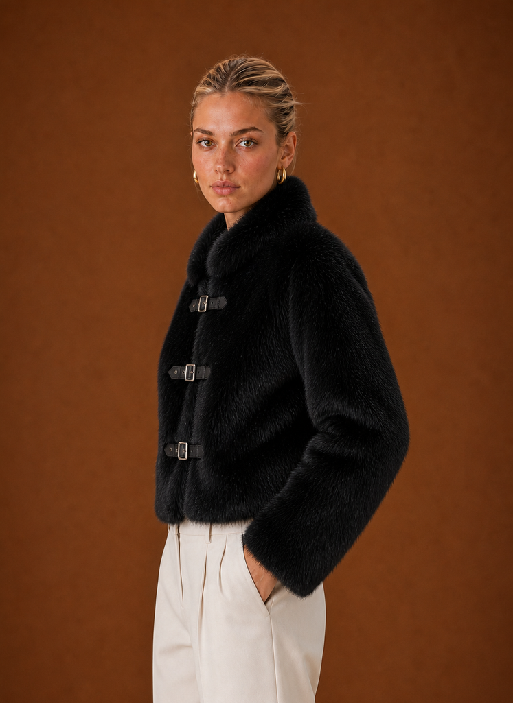 Jillian – Women's Buckle Front High Neck Faux Fur-Look Jacket