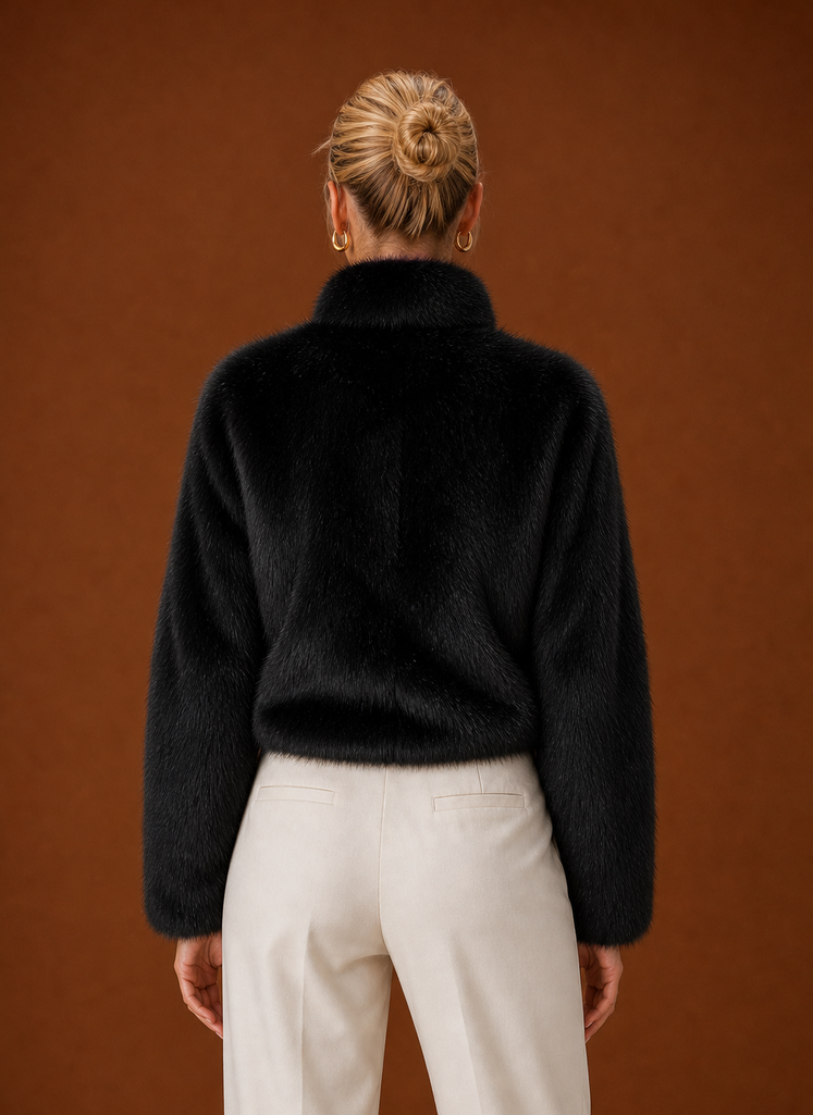 Jillian – Women's Buckle Front High Neck Faux Fur-Look Jacket