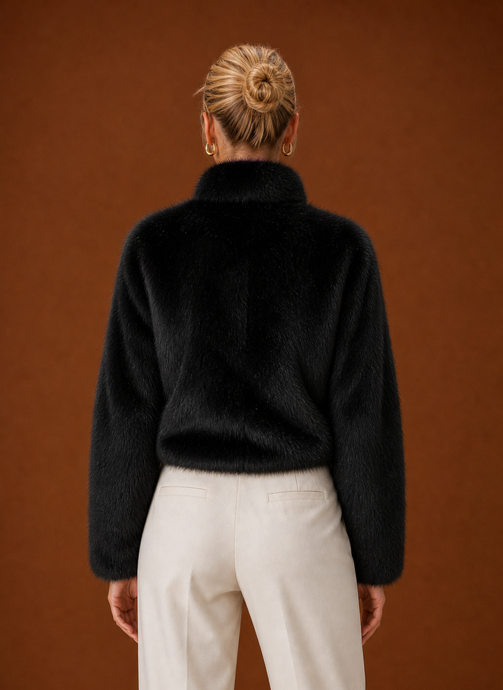 Jillian – Women's Buckle Front High Neck Faux Fur-Look Jacket