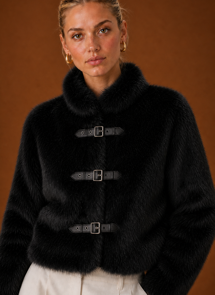 Jillian – Women's Buckle Front High Neck Faux Fur-Look Jacket
