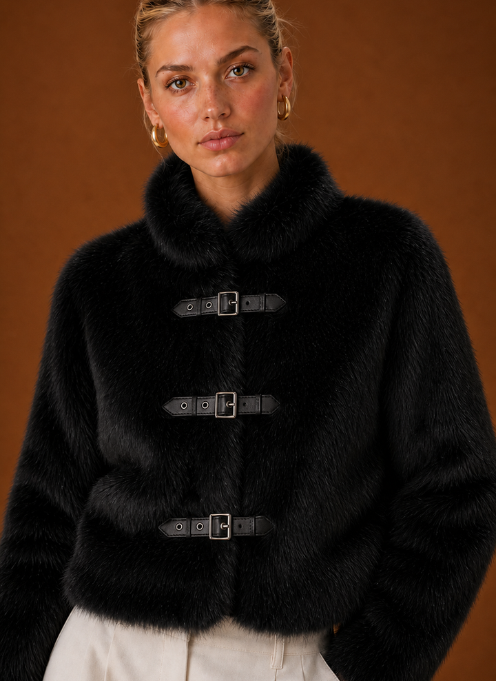 Jillian – Women's Buckle Front High Neck Faux Fur-Look Jacket