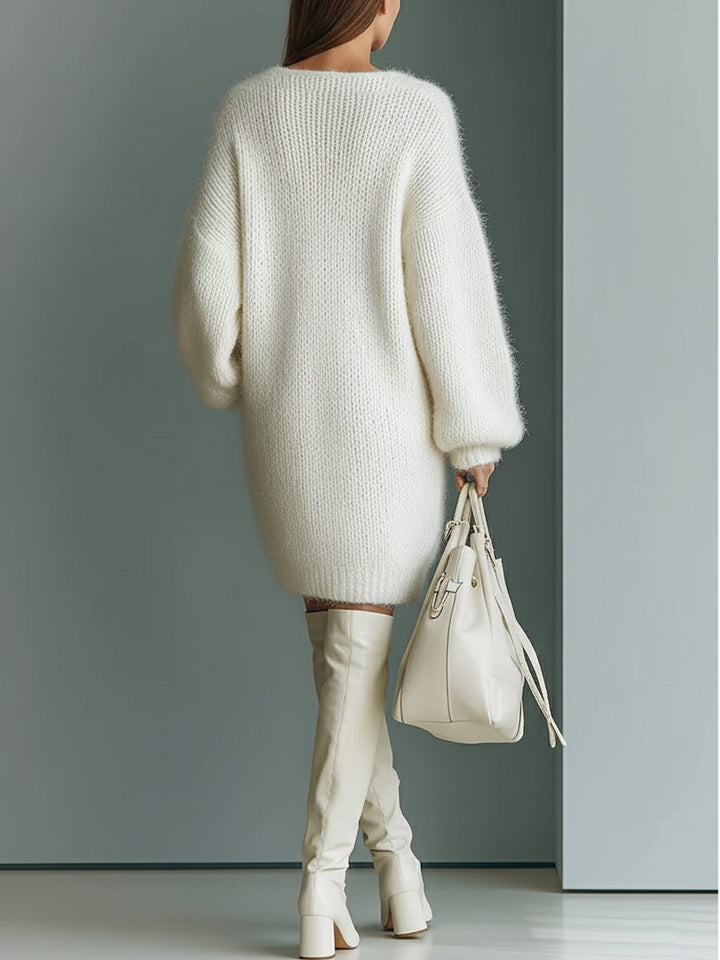 Kimber – Women's Fuzzy Oversized V-Neck Mini Sweater Dress