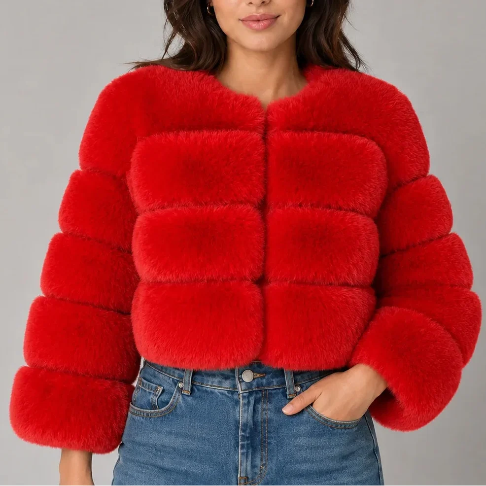 Lark – Women's Cropped Faux Fur-Look Jacket with Round Neck