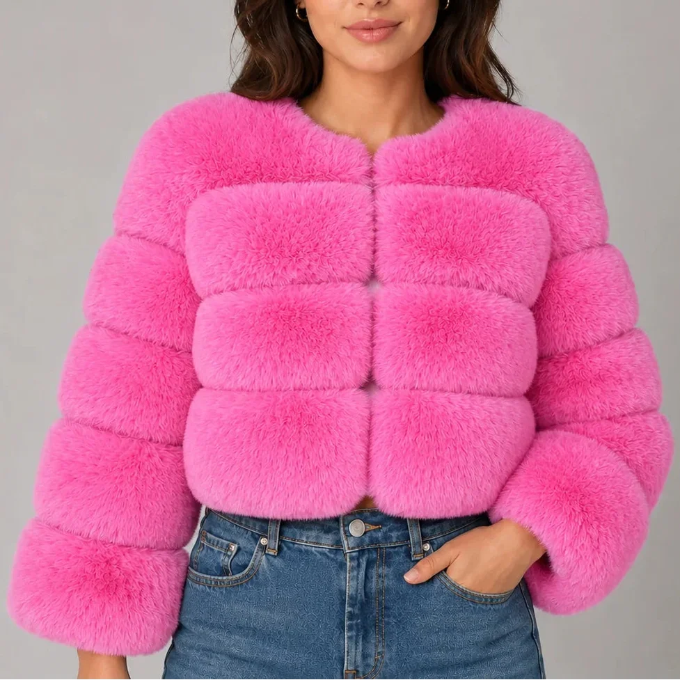 Lark – Women's Cropped Faux Fur-Look Jacket with Round Neck
